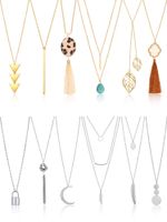 Hicarer 12 Pieces Long Pendant Necklace Set Y Tassel Leaf Circle Bar Necklace for Women (Polygon)