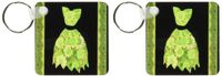 3dRose Lime green flowered dress on black background with damask ribbons - Key Chains, 2.25 x 4.5 inches, set of 2 (kc_30247_1)