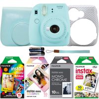 Fujifilm Instax Mini 9 Ice Blue Instant Camera with Four Fun Film Packs - 1 x White, 1 x Rainbow, 1 x Macaron, and 1 x Monochrome, 40 Exposures with Accessories