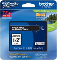 P-Touch TZE-335 Label Tape, 1/2" (0.47") Standard Laminated P-Touch Tape, White on Black, Laminated for Indoor or Outdoor Use, Water Resistant, 26.2 Feet (8M), Pack of 6