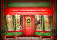 7X5FT Red Christmas Gift Shop Photography Background Display Window Christmas Tree Garland New Year Party Holiday Banner Backdrops Kid Baby Child Xmas Vinyl Background Photo Shoot Studio Props
