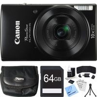 Canon PowerShot ELPH 190 is Digital Camera with 10x Optical Zoom Black Bundle with 64GB Memory Card, Replacement Battery, Camera Case, Table-top Tripod and Accessories (5 Items)