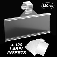 Label Holder | Easy Clip Plastic Wire Shelf Labels | Strong Snap Lock Wire Shelving Shelf Lock Clips | Includes Price Label Inserts Ready for Print (120)