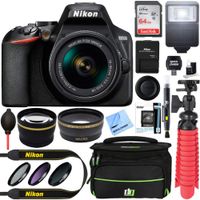 Nikon D3500 24.2MP DSLR Camera + AF-P DX 18-55mm VR NIKKOR Lens Kit + Accessory Bundle 64GB SDXC Memory + SLR Photo Bag + Wide Angle Lens + 2.2X Telephoto Lens + Flash+Tripod +Filters (Black)