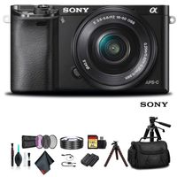 Sony Alpha a6000 Mirrorless Camera with 16-50mm Lens Black with Soft Bag, Additional Battery, 64GB Memory Card, Card Reader, Plus Essential Accessories