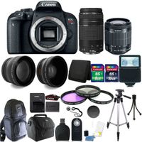 Canon EOS Rebel T7i 24.2MP DSLR Camera + 18-55mm + 75-300mm + 58mm 3pc Filter Kit + Wide Angle & Telephoto Lens + 24GB Memory Card + DSLR Backpack + Gadget Bag + Slave Flash + Lens Cap Holder + Remote Control + Card Reader + Wallet + Cleaning Kit +