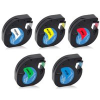 Replace for DYMO LetraTag Label Tape Plastic Refills 91331 91332 91333 91334 91335 Compatible for Dymo LetraTag Label Maker, Black Print on White, Yellow, Red, Green, Blue, 1/2" x 13', 5 Pack
