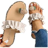 Challyhope Sweet Cute Pineapple Pearls Sandals Clip Toe Flip Flops Boho Casual Flat Slippers Beach Shoes for Women Girls (US:8, Beige - Ruffles)