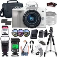 Canon EOS M50 Mirrorless Digital Camera (White) and 15-45mm Lens w/High-Speed Flashlight + Prime Accessory Bundle
