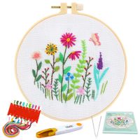 Caydo Full Range Embroidery Starter Kit with Pattern and Instructions, Embroidery Clothes with Floral Pattern, Plastic Embroidery Hoops, Color Threads and Tools (White)