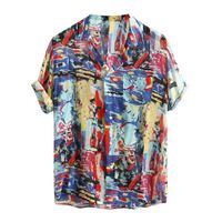 Vintage Ethnic Shirt Men Short Sleeve and Long Sleeve Casual Shirt Turn Down Collar Button Down Shirt Blouse Chaofanjiancai Blue