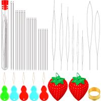 37 Pieces Assorted Beading Needles Long Straight Beading Thread Needles Big Eye Beading Needles with Sewing Pin Cushion Needle Threaders Thimble Needle Bottle for Jewelry Making