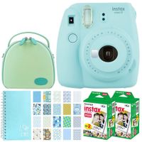Fujifilm instax Mini 9 Instant Film Camera (Ice Blue) + Fujifilm Instax Mini Twin Pack Instant (40 Shots) + Round Case + Scrapbooking Album + 20 Sticker Frames for Fuji Intsax Prints Baby Boy Package