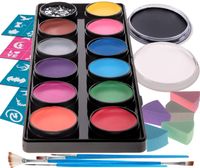 Face Paint Kit for Kids - 12 Large Washable Paints + 20ml Black/White, 30 Stencils, 5 Brushes Safe Facepainting for Sensitive Skin, Professional Quality Body & Facepaints Halloween Makeup Supplies