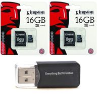 2 Pack of Kingston 16GB MicroSD HC Class 4 TF MicroSDHC with SD Adapter TransFlash Memory Card SDC16/GB 16G 16 GB Gigs (Lot of 2) with Everything But Stromboli Memory Card Reader R