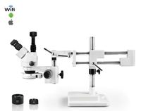 Vision Scientific Simul-Focal Trinocular Zoom Stereo Microscope, 10x Widefield Eyepiece, 0.7X-4.5X Zoom Range, 7X-45x Magnification Range, Double Arm Boom Stand 5MP WiFi Digital Camera