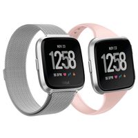 AKALE Metal Bands Compatible with Fitbit Versa/Versa 2/Versa Lite, Stainless Steel Metal Band Mesh Bracelet with Strong Magnet Lock Wristbands Replacement Bands for Women Men-Silver +Sand Pink Small