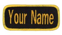Name Patch Uniform Work Shirt Personalized Embroidered Black with Gold Border. Hook Fastener.