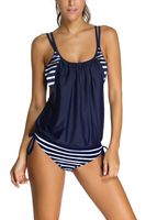 Dokotoo Womens Stripes Lined Up Double Up Tankini Top Bikini Swimwear,(US 14-16)XL,Navy