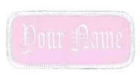Name Patch Uniform Work Shirt Personalized Embroidered Pink with White Border. Iron on.