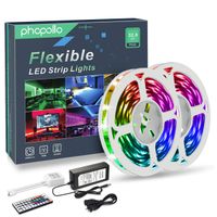 PHOPOLLO LED Strip Lights, 32.8ft RGB Color Changing 5050 300LEDs Non-Waterproof Flexible LED Tape Light Kit with 44 Key IR Remote Controller and 12V Power Supply for Room, Bedroom and Xmas