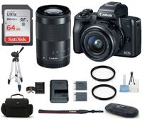 Canon EOS M50 Mirrorless Digital Camera with 15-45mm + 55-200mm Lenses -Black (USA Warranty) Bundle, Includes: 64GB SDXC Class 10 Memory Card + Full Size Tripod + Spare Battery + more