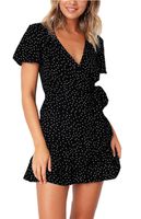 Relipop Summer Women Short Sleeve Print Dress V Neck Casual Short Dresses Black
