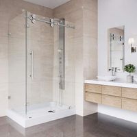 VIGO 36 x 48 Frameless Rectangular Sliding Shower Door Enclosure with Tempered Glass | Waterproof Shower Door Seal Strip and 304 Stainless Steel Hardware | Right Drain Base | Stainless Steel Finish