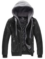 Wantdo Men's Leather Jacket with Removable Hood US Medium Black(Heavy)