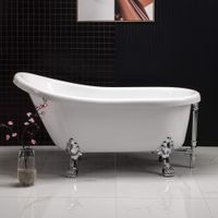WOODBRIDGE 59"x 30" Slipper Bathtub with Solid Brass Polished Chrome Finish Drain and Overflow, BTA1522,White, clawfoot B-0022