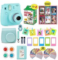 Fujifilm Instax Mini 9 Camera Bundle (Ice Blue) + Instant Camera Film 20 Sheets + Instax Case + Instax Camera Accessories Bundle, 1 Albums, 4 Color Lenses, Selfie Lens, 5 Desk Frames + 60 Stickers