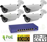 USG Four 1080P IP PoE Bullet Security Cameras + One 9 Port PoE Network Switch: 2.2MP 1080P IP PoE 2.8-12mm Varifocal Lens, 42x IR LEDs For 130 Feet Night Vision, IR-Cut, ONVIF, WDR, IP66 NEMA 4x Weatherproof