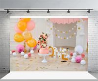 Laeacco 5x3ft Background Happy Birthday Decoration Balloons Bacground Photography Backdrop Cake Smash Flag Banner Pink Tone Balloons Paper Flowers Balls Interior Chic Fireplace