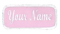 Name Patch Uniform Work Shirt Personalized Embroidered Pink with White Border. Sew on.
