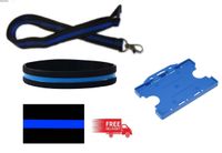 Thin Blue Line Lanyard & Matching Thin Blue Line Silicon Memorial Wristband & Double Sided ID Card Holder - Adult Size.