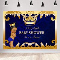 Baby Shower Backdrop Party Decorations Royal Prince Black Boy 7x5ft Vinyl Background for Photography Gold Crown Blue Background Photo Booth Props