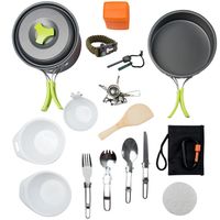 MalloMe Camping Cookware Mess Kit Backpacking Gear & Hiking Outdoors Bug Out Bag Cooking Equipment Cookset | Lightweight, Compact, Durable Pot Pan Bowls (Green 1L 18 pc)