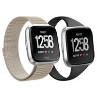 AKALE Metal Bands Compatible for Fitbit Versa/Versa Lite Edition, Stainless Steel Metal Replacement Accessories Strap Small Large for Women Men-Champagne Gold+Black Large