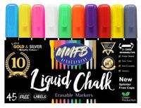 Premium Liquid Chalk Markers Medium Size (10 Pens Size M) w/ 45 Chalkboard Labels, Wet Erase For Nonporous Blackboards, Surfaces, Windows, Bright Neon Pens, Gold & Silver, Dual Bullet Chisel Tips Nibs