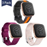Maledan Compatible with Fitbit Versa/Versa Lite/Fitbit Versa 2 Bands for Women Men Large, Reflective Woven Fabric Strap Replacement for Fitbit Versa Smart Watch, 3 Pack Fuchsia/Beige/Strip Charcoal