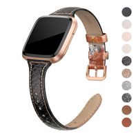 QusFy Genuine Leather Bands Compatible with Fitbit Versa 2 / Fitbit Versa Lite & SE/Fitbit Versa, Slim Thin Leather Band Replacement Strap for Versa Women (5.7" - 7.8"), Black, Champagne, Rose Gold