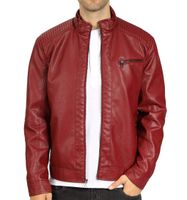 WULFUL Men's Stand Collar Leather Jacket Motorcycle Lightweight Faux Leather Outwear (Wine Red1301, Large)