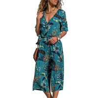 Thenxin Women's Elastic High Waist Wide Leg Jumpsuit Leaf Print V Neck Short Sleeve Baggy Romper（Blue，S）