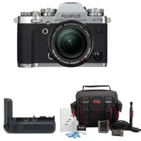 Fujifilm X-T3 Mirrorless Camera Body + XF18-55mm Lens (Silver) w/ Vertical Camera Grip Kit