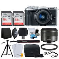 Canon EOS M6 Mirrorless Digital Camera (Silver) + EF-M 15-45mm f/3.5-6.3 is STM Lens (Graphite) + 48GB Memory Card + Camera Bag + Quality Tripod + Card Reader + 49mm UV Filter + Accessories