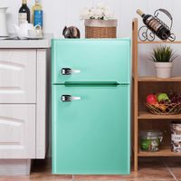 Bossin 3.2 CU. FT Compact Refrigerator 2 Door MIni Fridge Chiller and Freezer Compartment with Removable Glass Shelves Drink Food Storage Cooler for Office, Dorm, Apartment, Bedroom（Green）