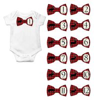 Gift Set of 12 Bowtie Keepsake Photography Monthly Baby Stickers with North Woods Moose, Elk and Bear Plaid BT026