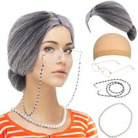 Old Lady Custume Set-Grandmother Wig,Wig Caps,Madea Granny Glasses, Eyeglass Retainer Chain,Pearl Necklace(5 Pieces) Fits All (Style-8)