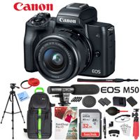 Canon EOS M50 Mirrorless Digital Camera Black with EF-M 15-45mm is STM Lens Bundle with 32GB Memory Card, Dual Battery, Shotgun Microphone, Backpack, Tripod and Accessories (12 Items)