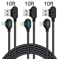 90 Degree Lightning Cable 10FT 3 Pack Right Angle iPhone Charger with Blue LED Light Nylon Braided Fast Charging USB iPhone Cable Cord Compatible with iPhone/iPad/iPod (Black White,10feet)